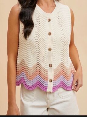 Anniewear Cream V-Neck Button crochet Vest with lavender, melon & taupe Wave Hem